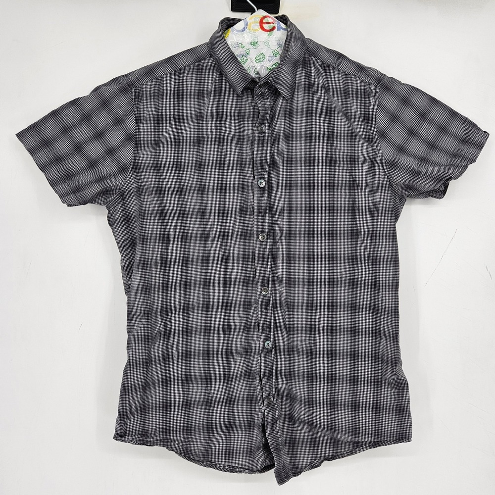 Theory‎ Shirt Mens Small Button Up Short Sleeve Casual Preppy Plaid Black Gray
